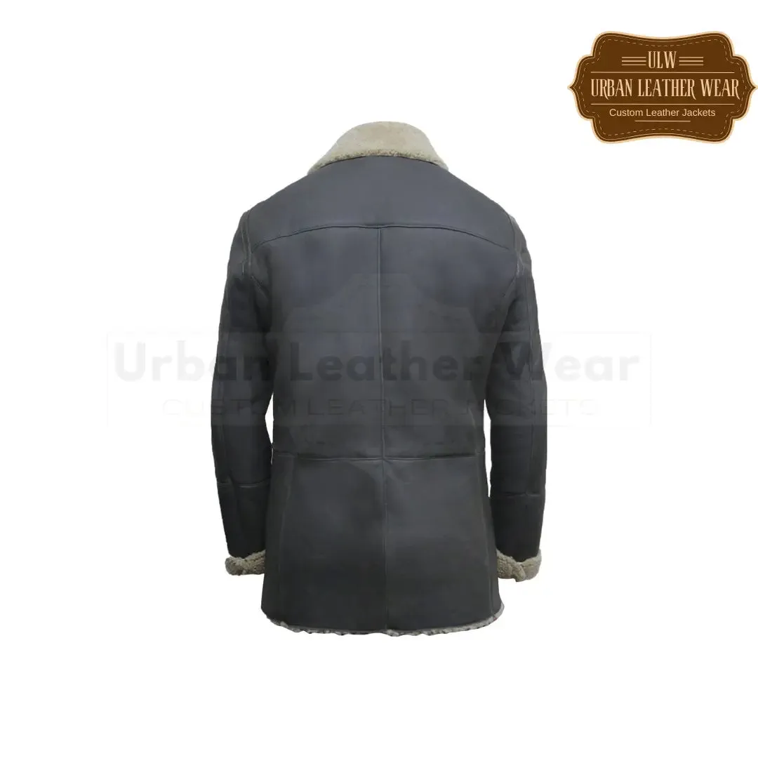 Double Breasted Leather Peacoat Grey