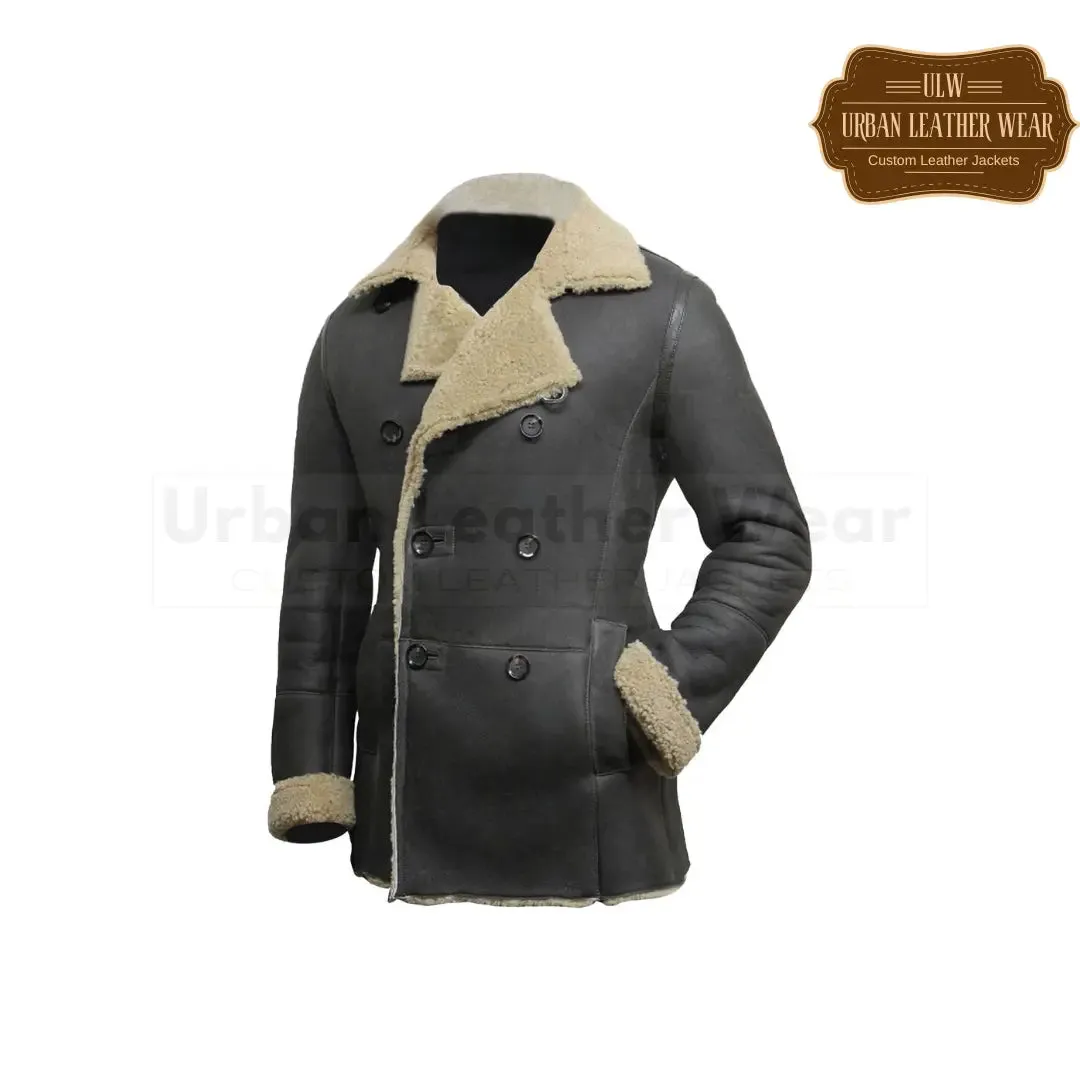 Double Breasted Leather Peacoat Grey