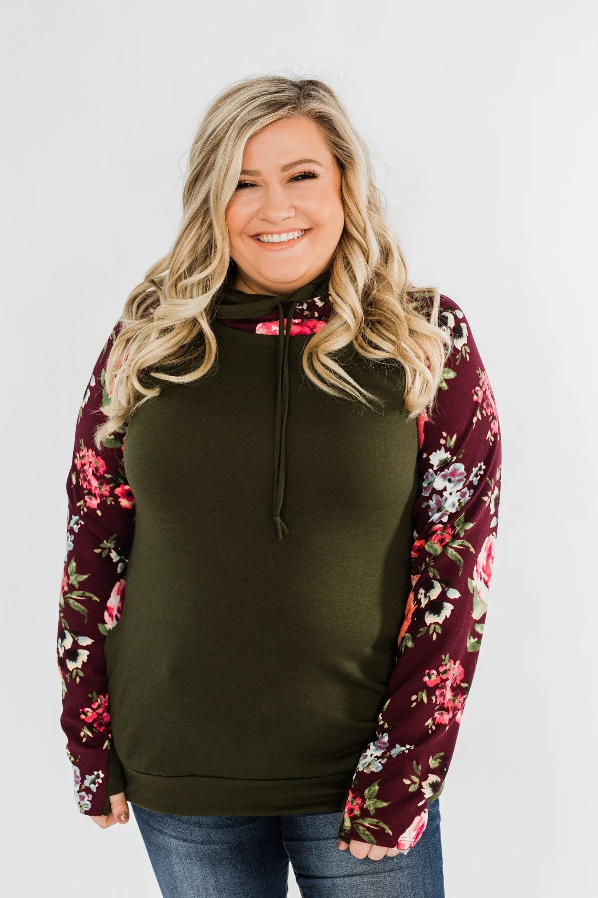 Easy On The Eyes Floral Double Hoodie- Army Green