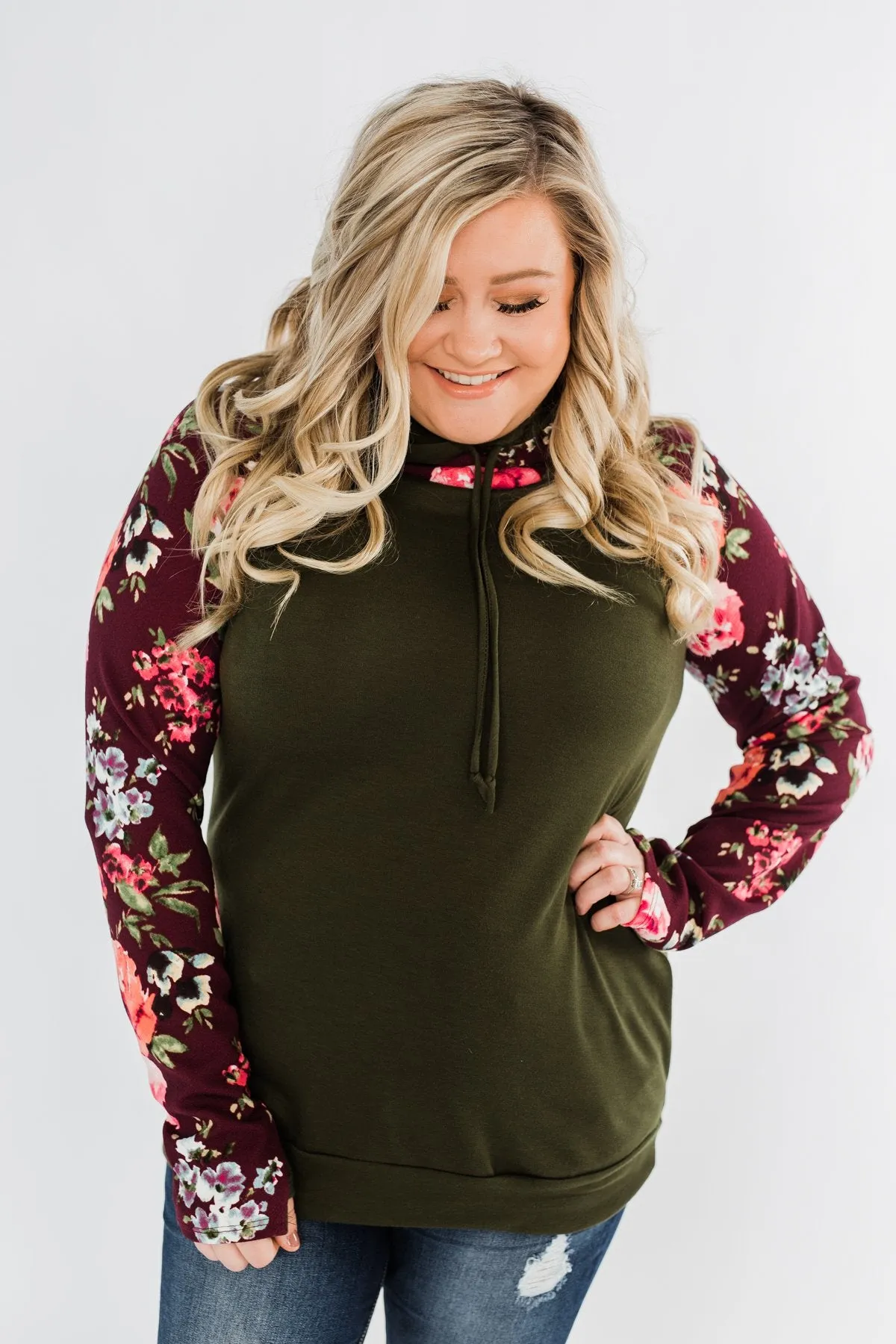 Easy On The Eyes Floral Double Hoodie- Army Green