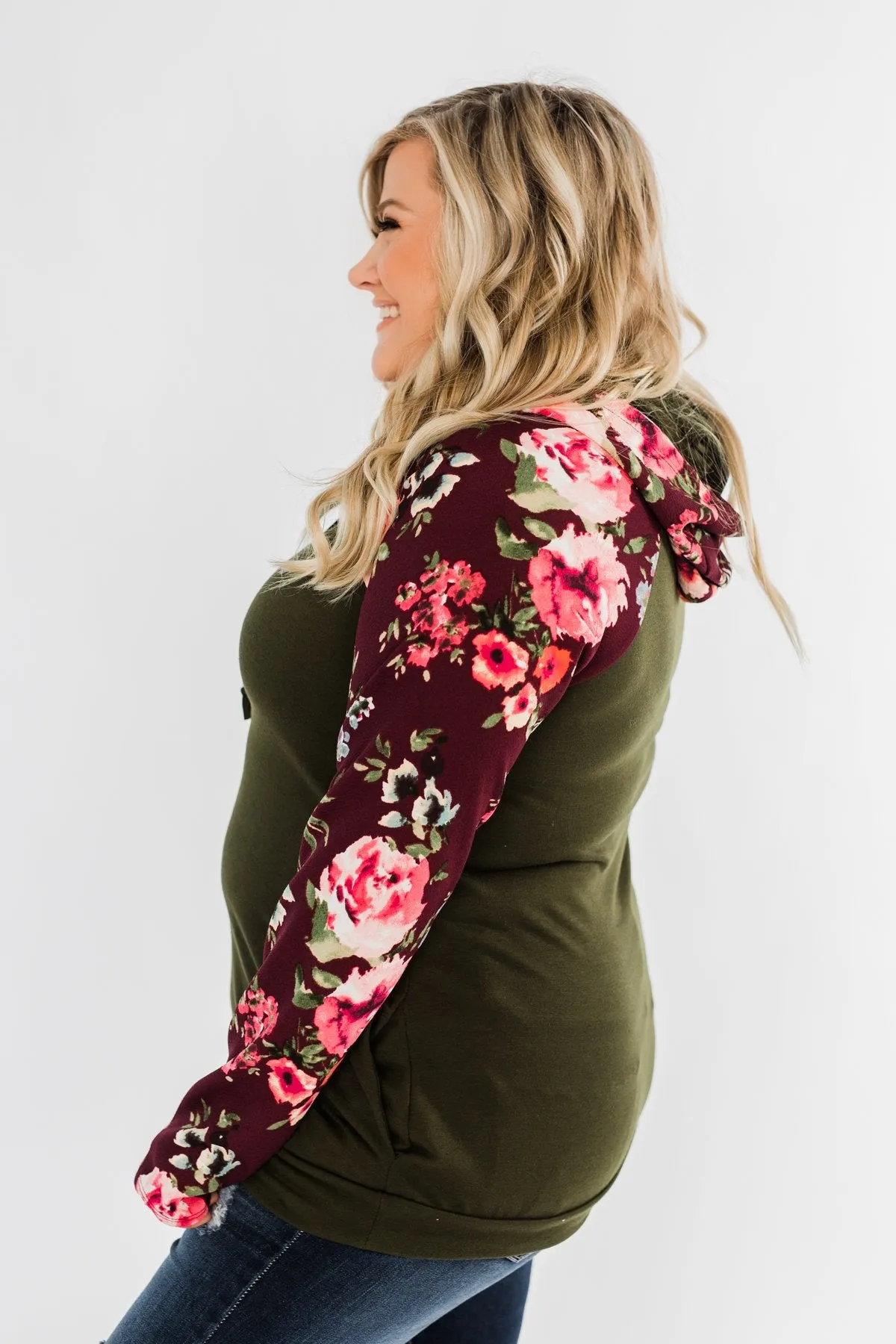 Easy On The Eyes Floral Double Hoodie- Army Green