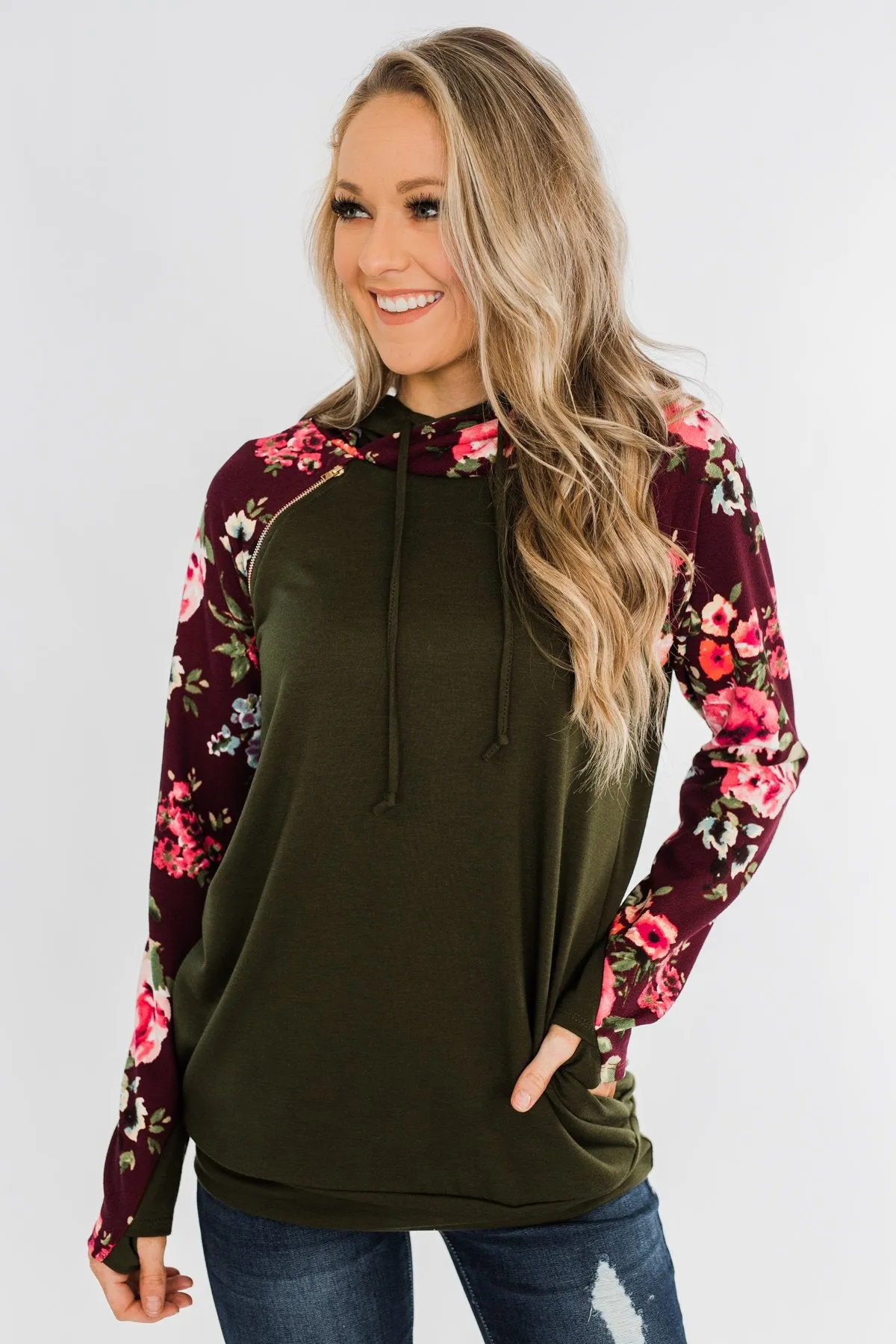 Easy On The Eyes Floral Double Hoodie- Army Green