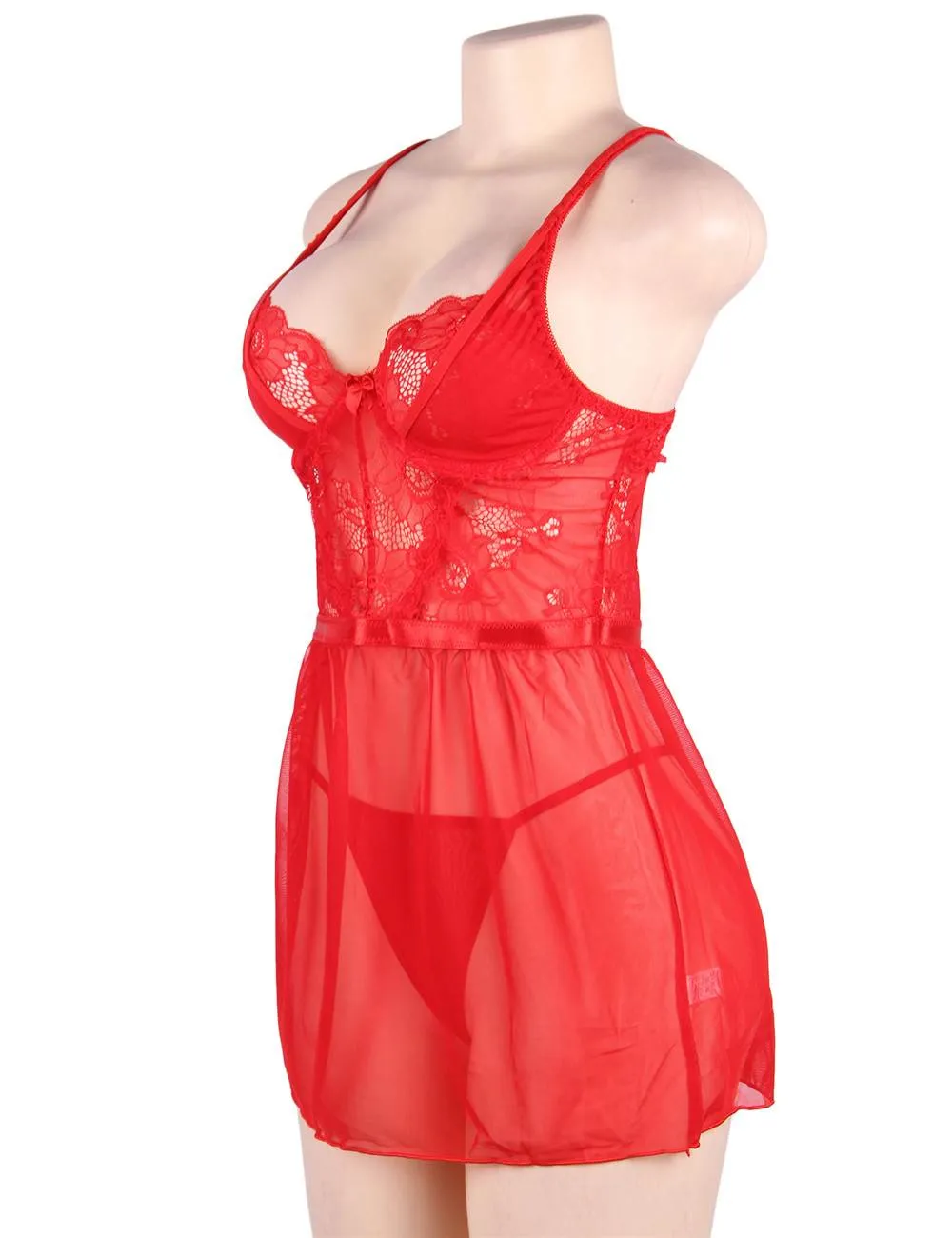 Elegant Red Lace Straps Backless Babydoll Egypt Set With Steel Ring