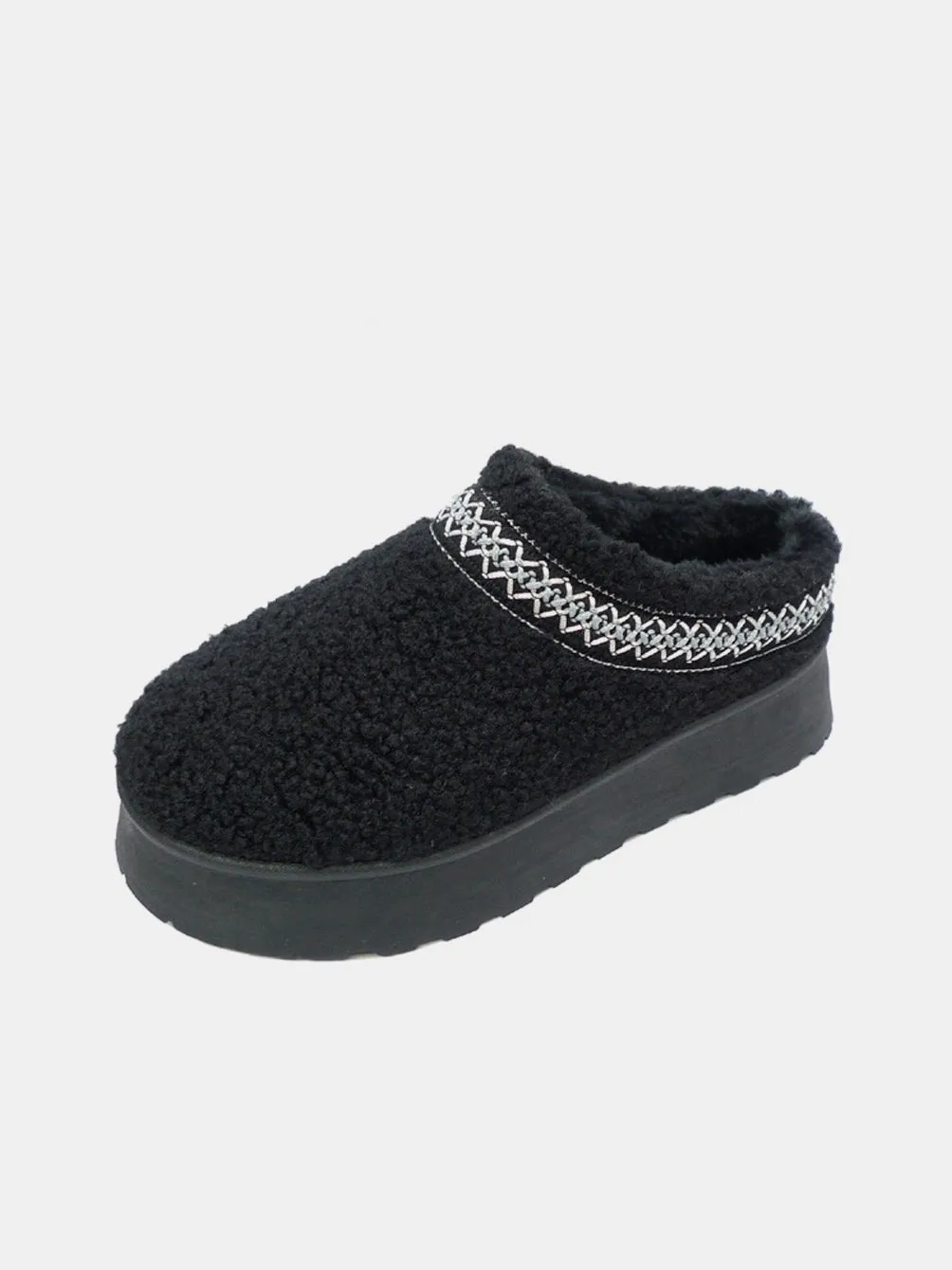 Embroidered Trim Platform Sherpa Boots - Black