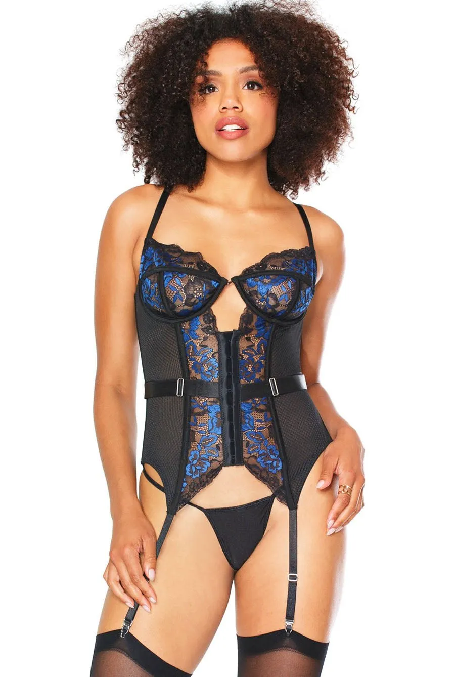 Erotic Blue & Black Lace Bustier Set