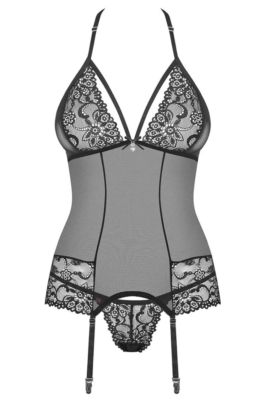 European Black Lace Tri Bra, Halterneck Sheer Corset Set