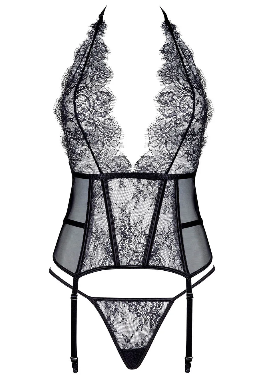Eyelash Lace & Mesh Black Bustier With Gstring
