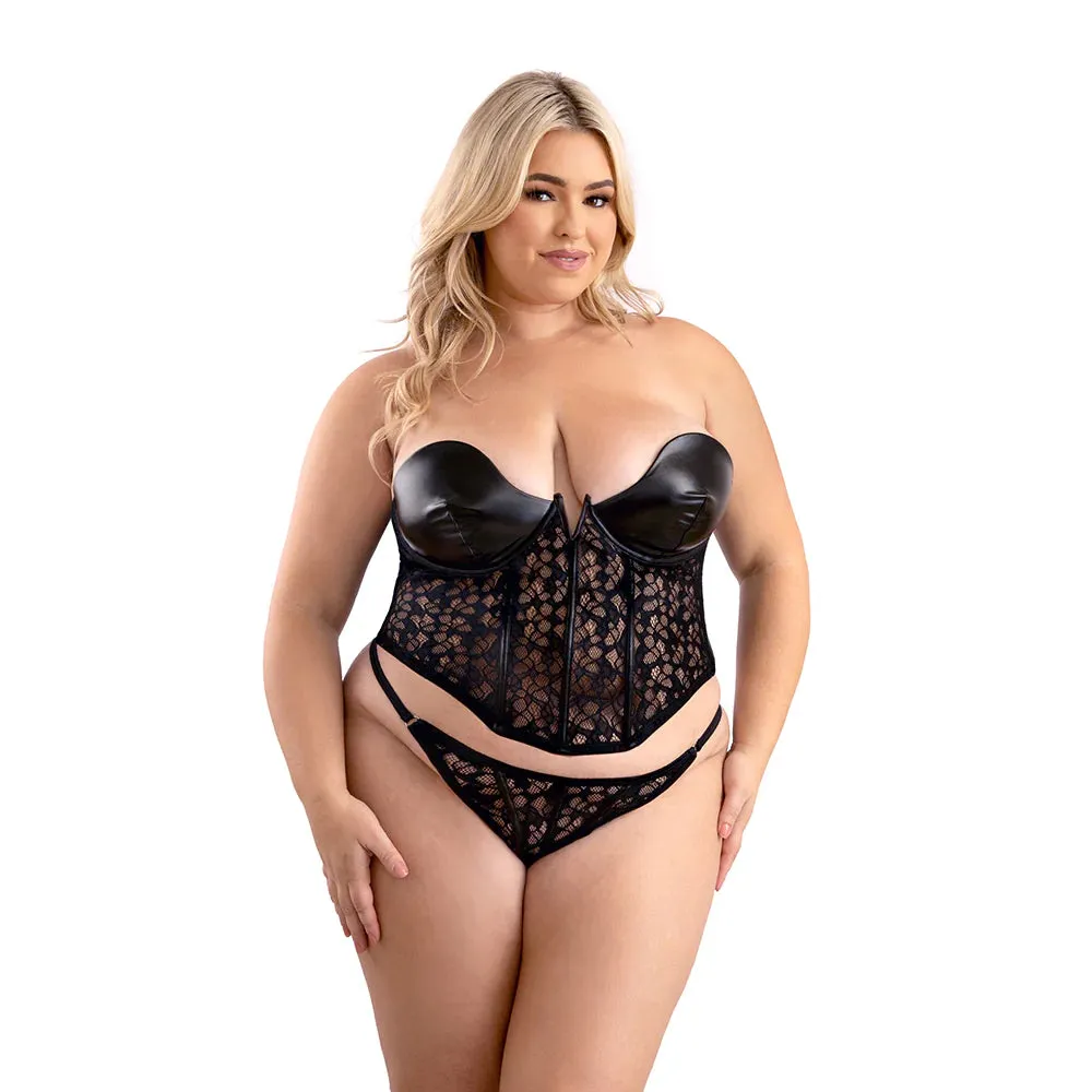 Fantasy Lingerie Leather Look and Lace Underwire Corset with Matching G-String Panty