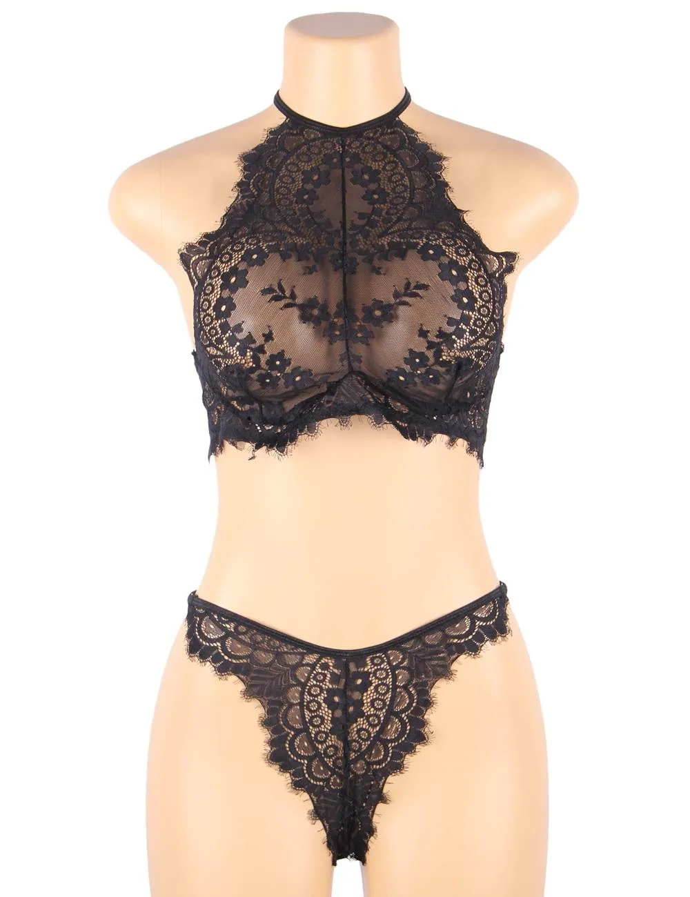 Floral Black Eyelash Lace Lingerie Bra Set