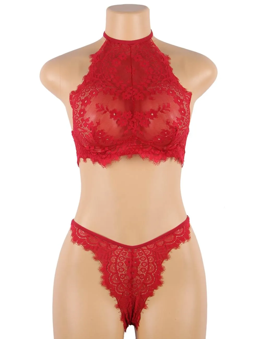Floral Black Eyelash Lace Lingerie Bra Set