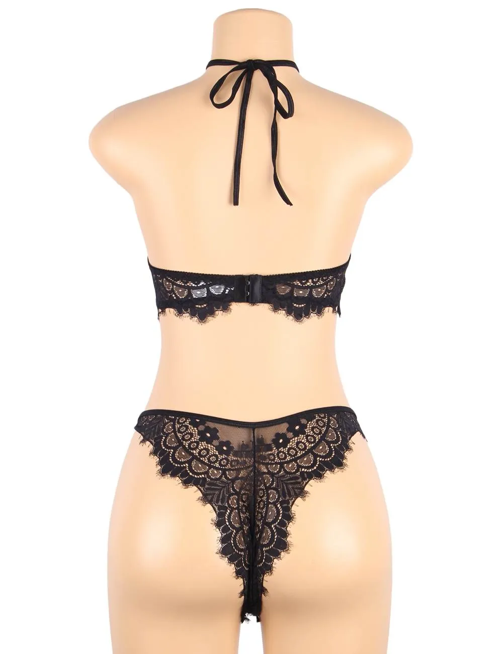 Floral Black Eyelash Lace Lingerie Bra Set