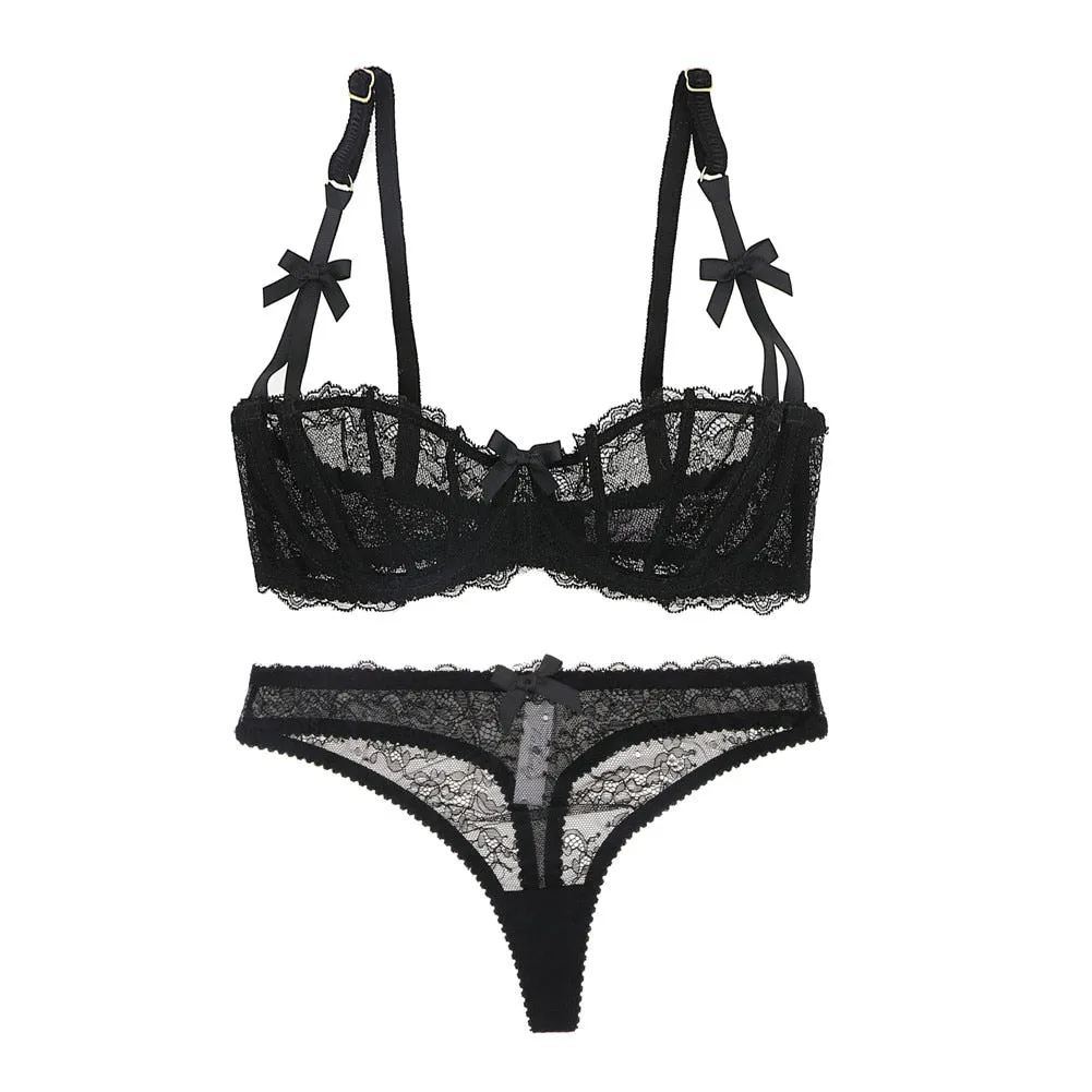 Floral Lace Lingerie Set with Low-Rise Thongs - Exquisite and Sexy