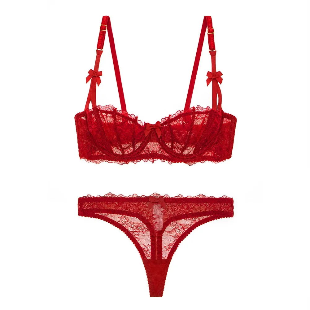 Floral Lace Lingerie Set with Low-Rise Thongs - Exquisite and Sexy