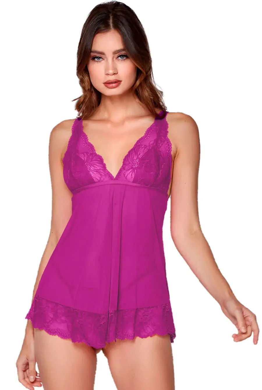 Fuchsia Sheer See Through Mesh & Lace Babydoll