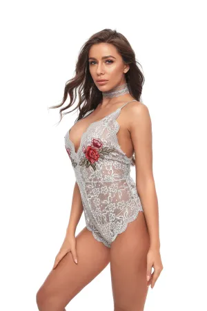 Grey 1 Piece Womens Dress Lace Fishnet Teddies - Sleepwear Lingerie Bodysuits with G-String