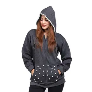 Grey Pearl Hood Embellished Zipper Hoodie For Women