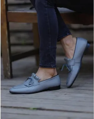 Handmade Gray Leather Loafers with Fringes for Men