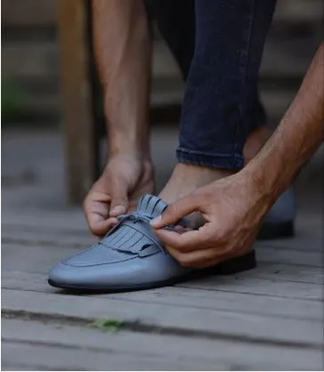 Handmade Gray Leather Loafers with Fringes for Men