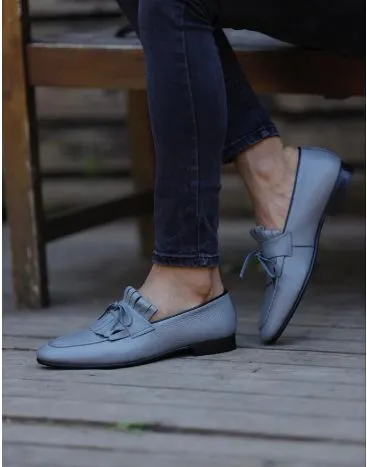 Handmade Gray Leather Loafers with Fringes for Men