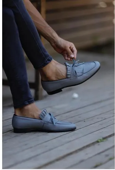 Handmade Gray Leather Loafers with Fringes for Men