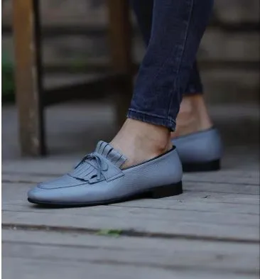 Handmade Gray Leather Loafers with Fringes for Men