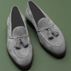 Handmade Gray Suede Loafers with Tassels for Men