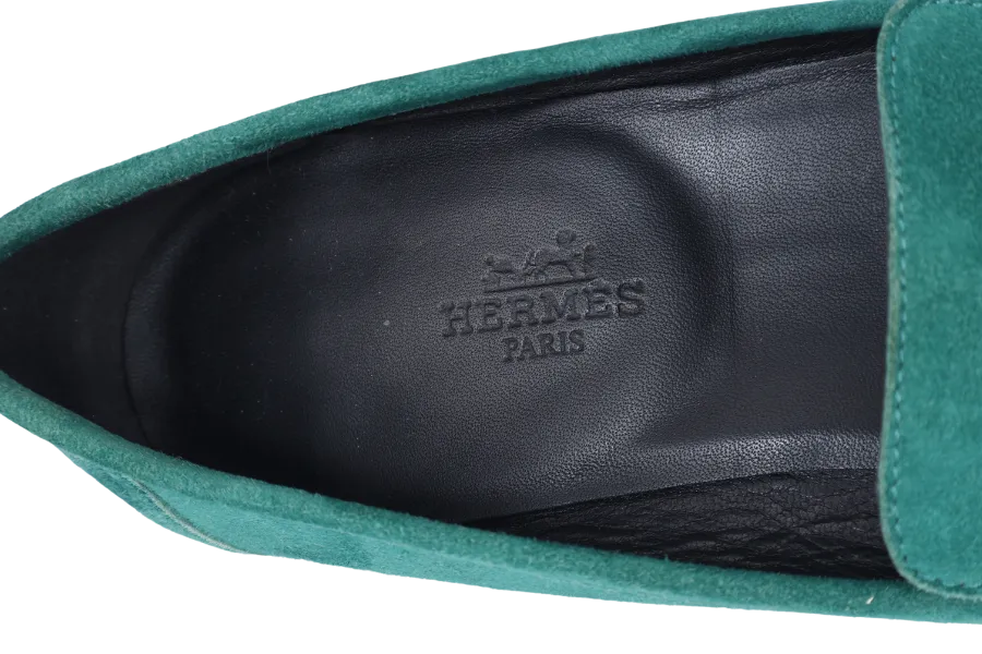 HERMES PARIS LOAFERS SHOES GREEN NUBUCK SIZE 38 WITH BOX