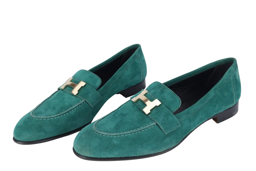 HERMES PARIS LOAFERS SHOES GREEN NUBUCK SIZE 38 WITH BOX