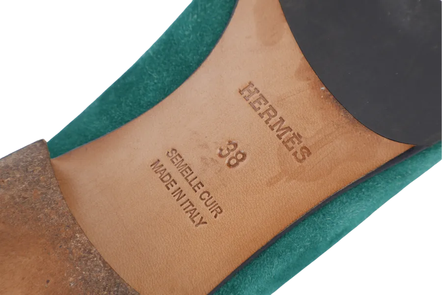 HERMES PARIS LOAFERS SHOES GREEN NUBUCK SIZE 38 WITH BOX