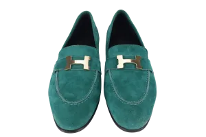 HERMES PARIS LOAFERS SHOES GREEN NUBUCK SIZE 38 WITH BOX