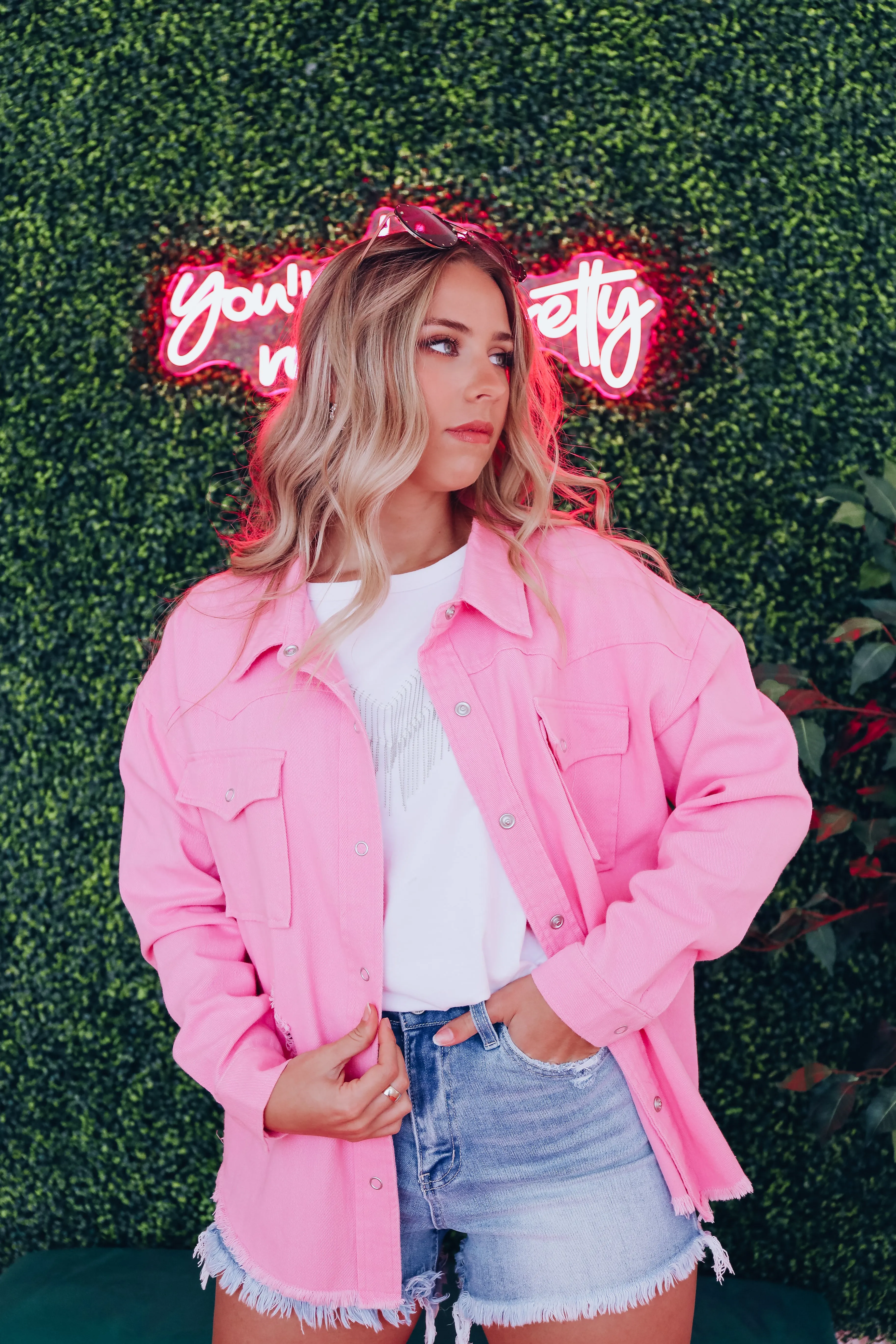 Hey There Cowgirl Distressed Denim Jacket - Pink