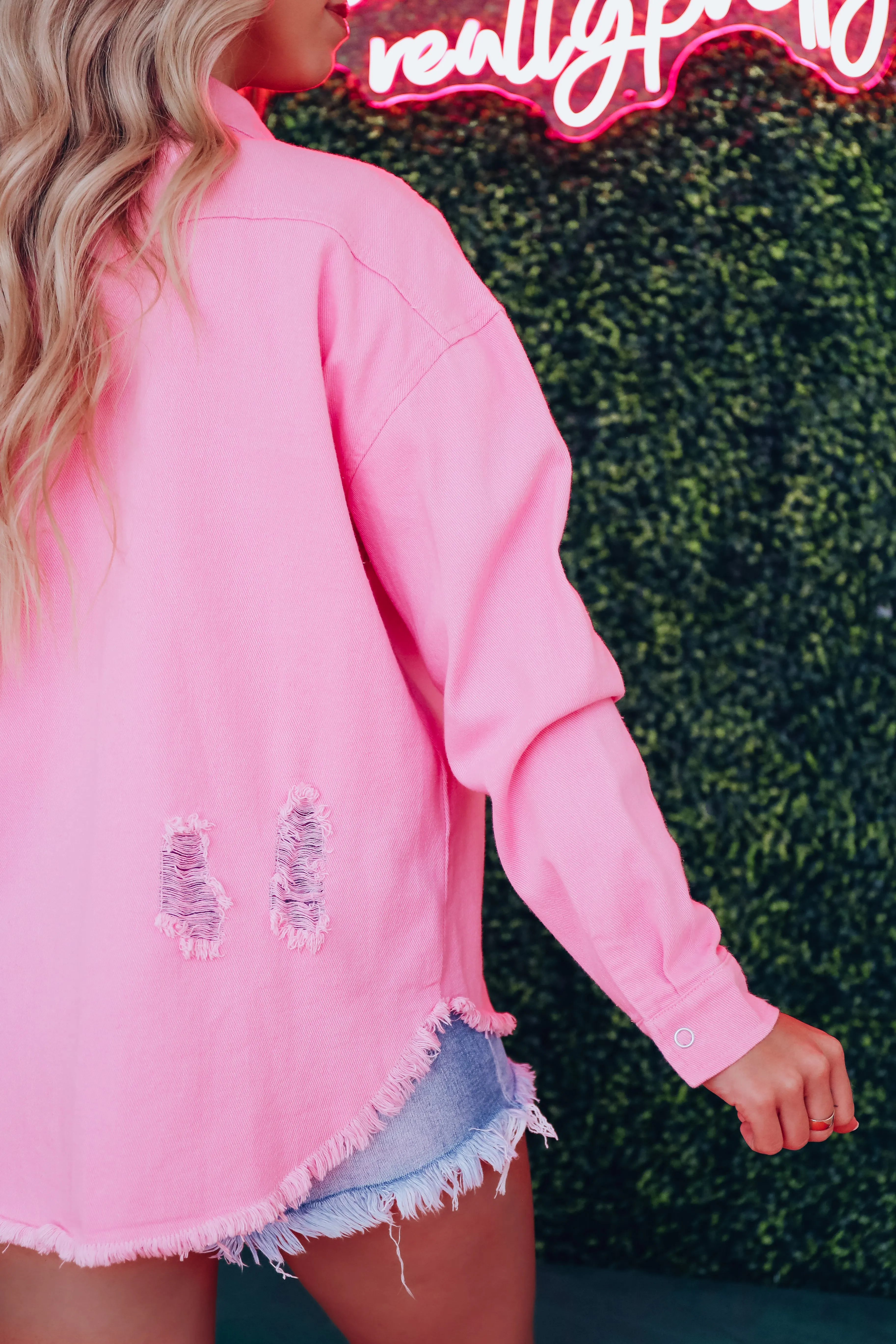 Hey There Cowgirl Distressed Denim Jacket - Pink