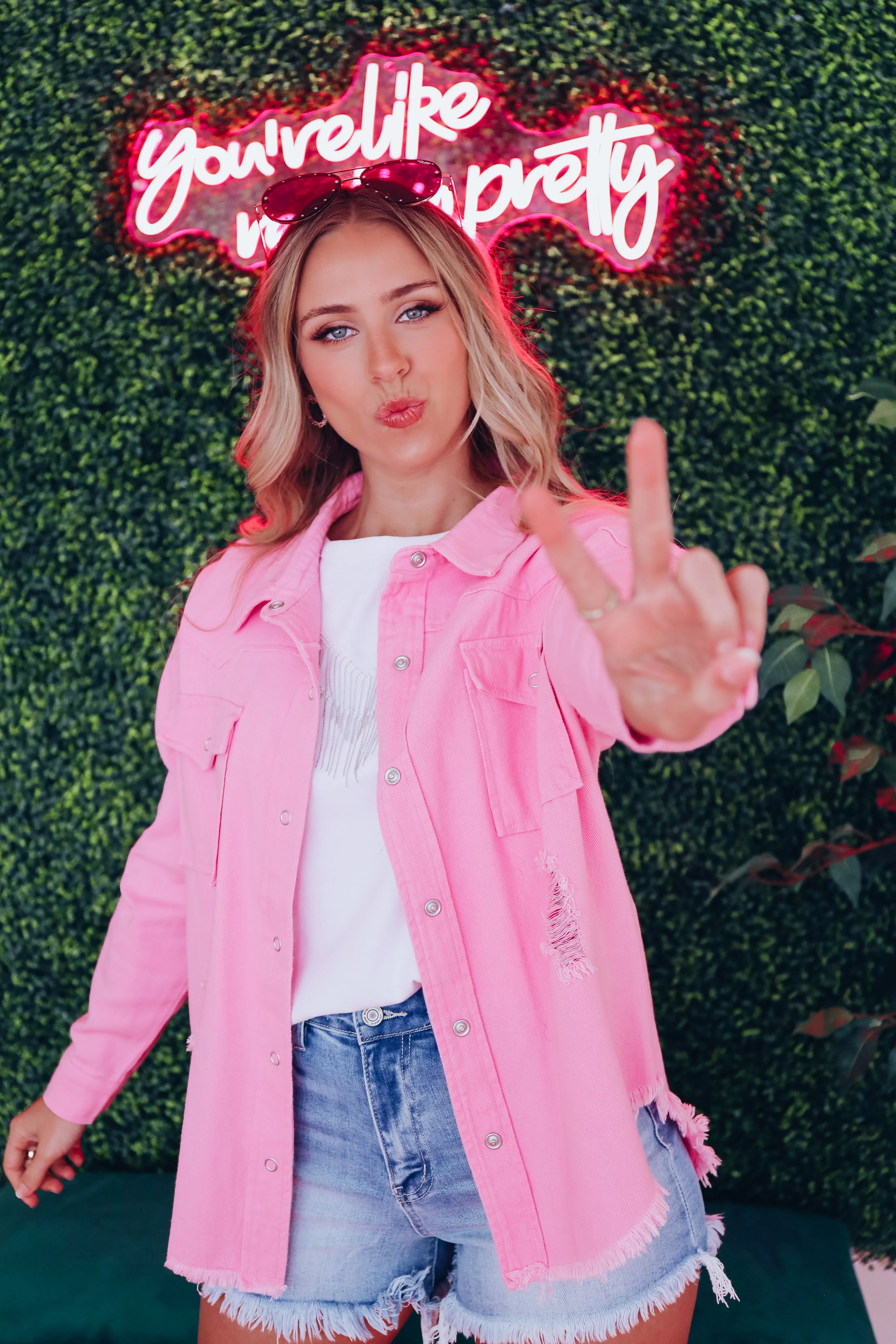 Hey There Cowgirl Distressed Denim Jacket - Pink