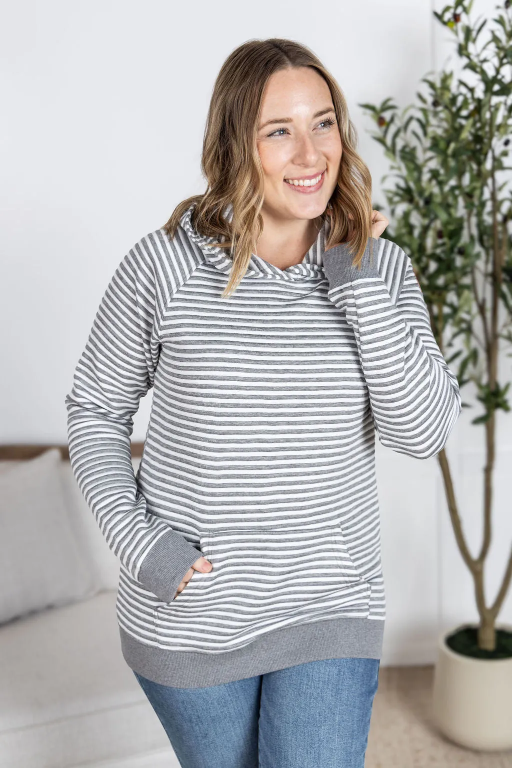 IN PRODUCTION Tatum Textured Pullover Hoodie - Charcoal Stripes