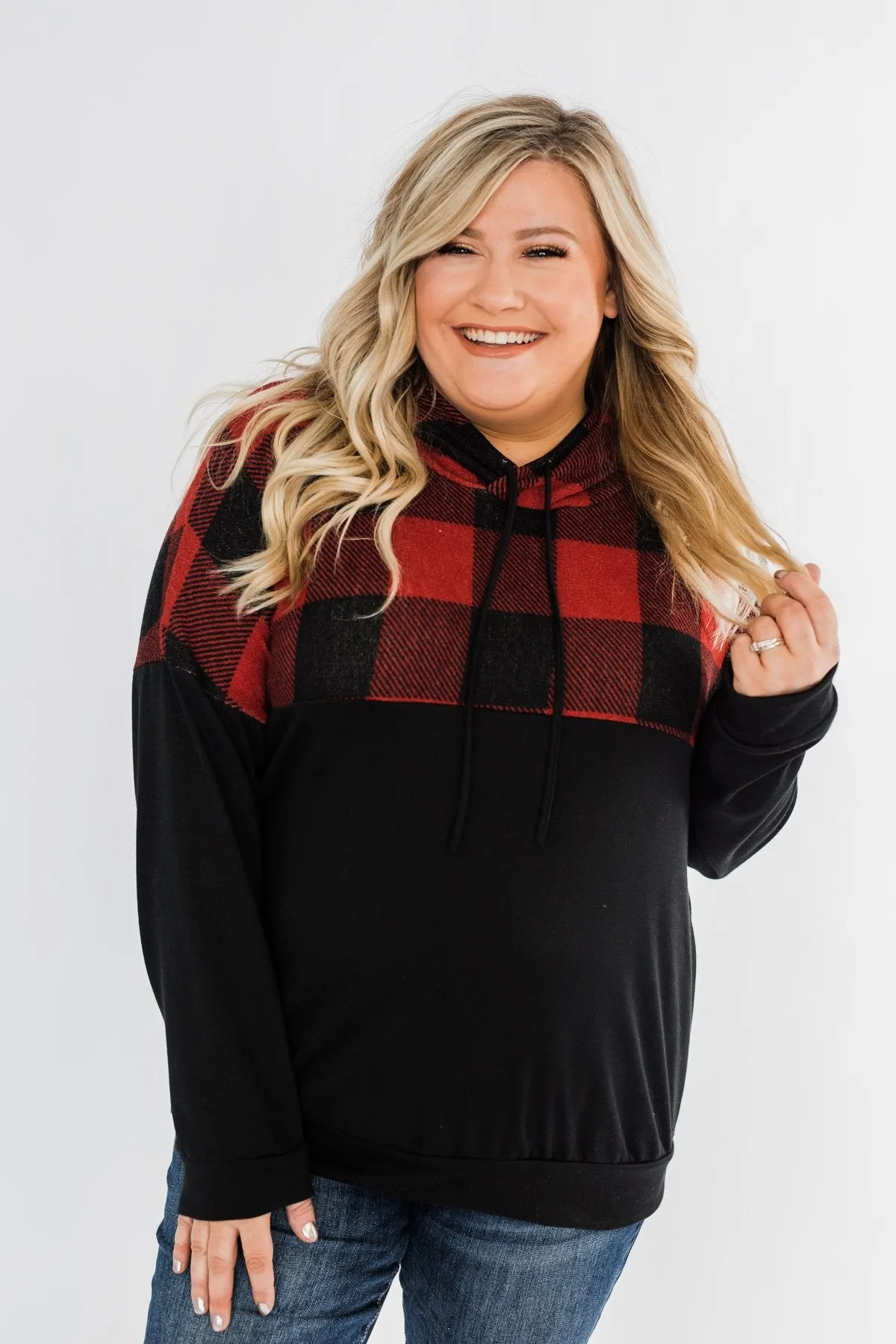 Keep On Loving Color Block Hoodie- Black & Buffalo Plaid