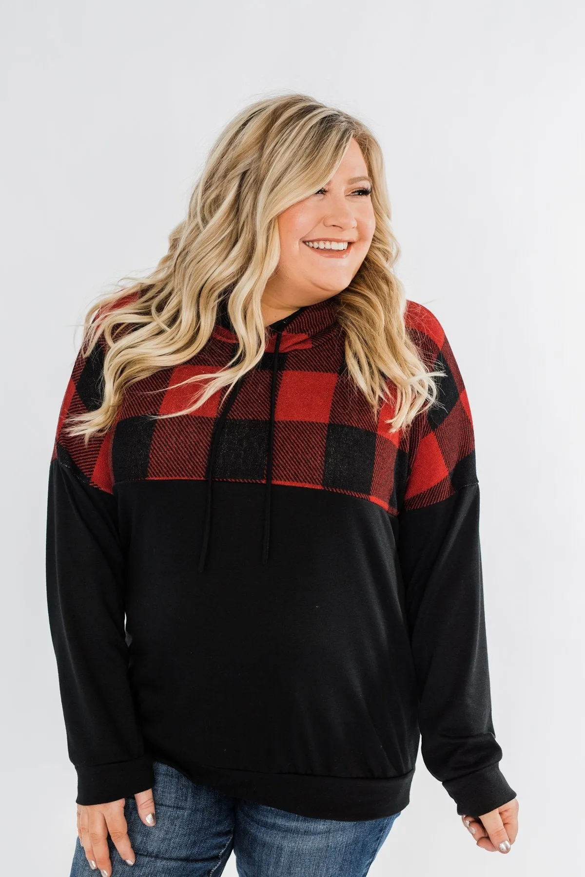 Keep On Loving Color Block Hoodie- Black & Buffalo Plaid