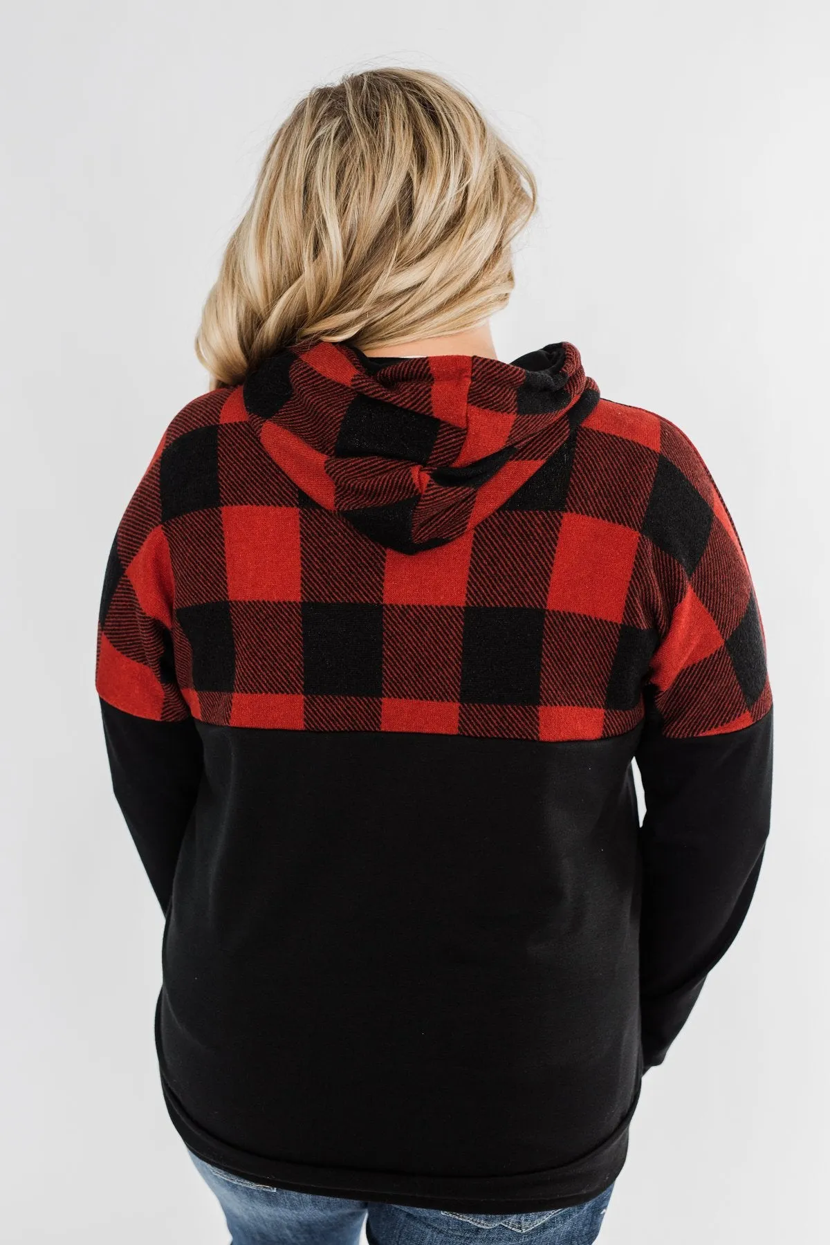 Keep On Loving Color Block Hoodie- Black & Buffalo Plaid