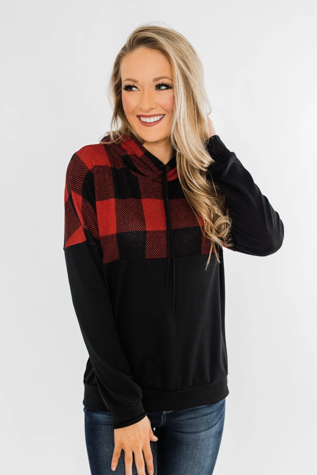 Keep On Loving Color Block Hoodie- Black & Buffalo Plaid
