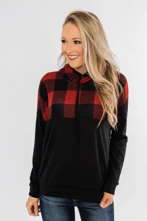 Keep On Loving Color Block Hoodie- Black & Buffalo Plaid