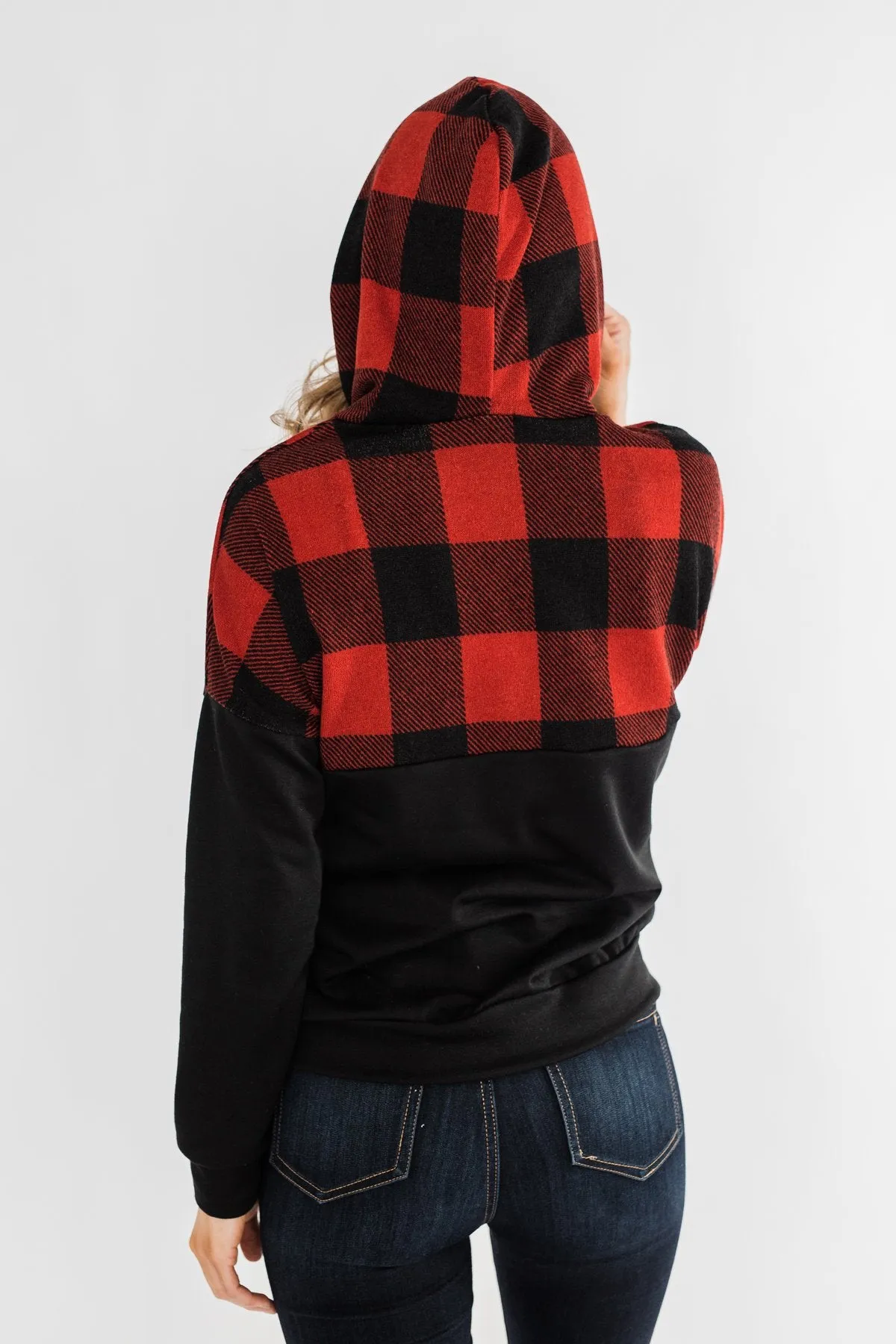 Keep On Loving Color Block Hoodie- Black & Buffalo Plaid