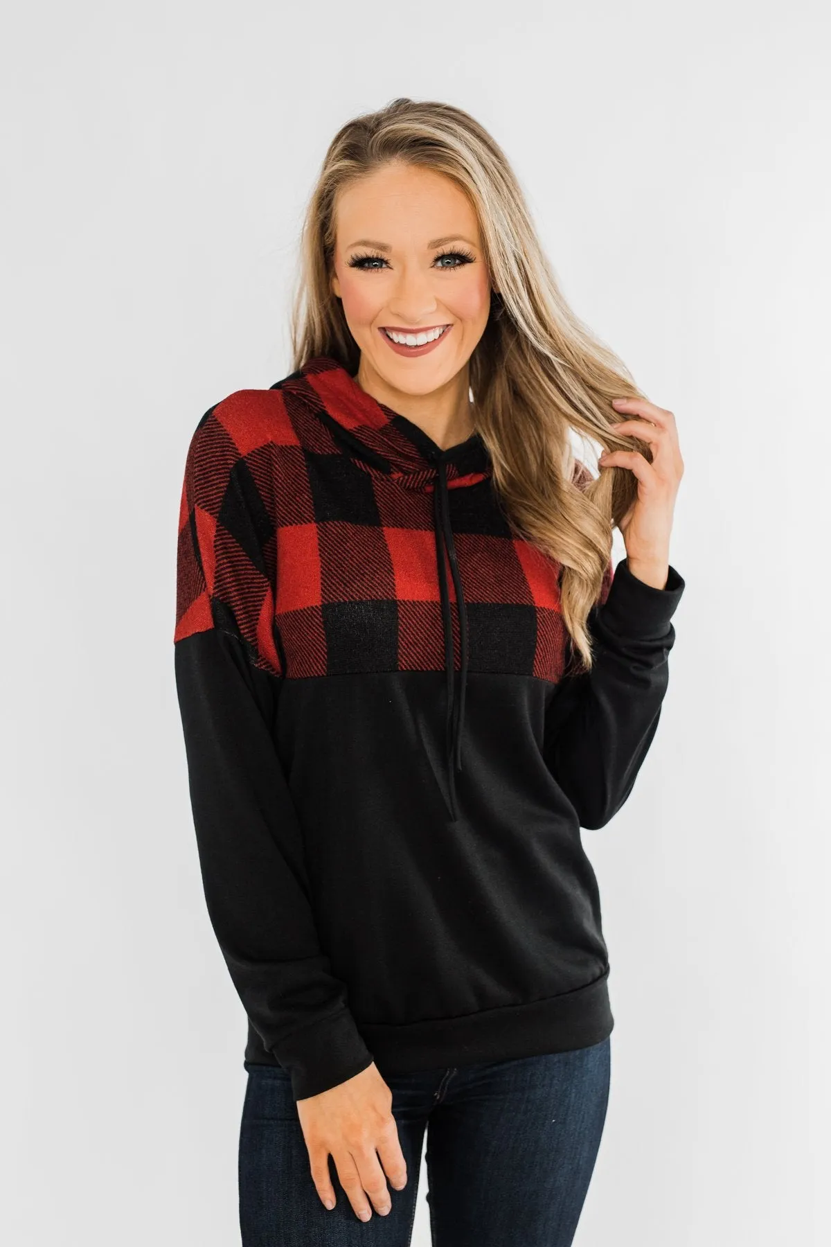 Keep On Loving Color Block Hoodie- Black & Buffalo Plaid