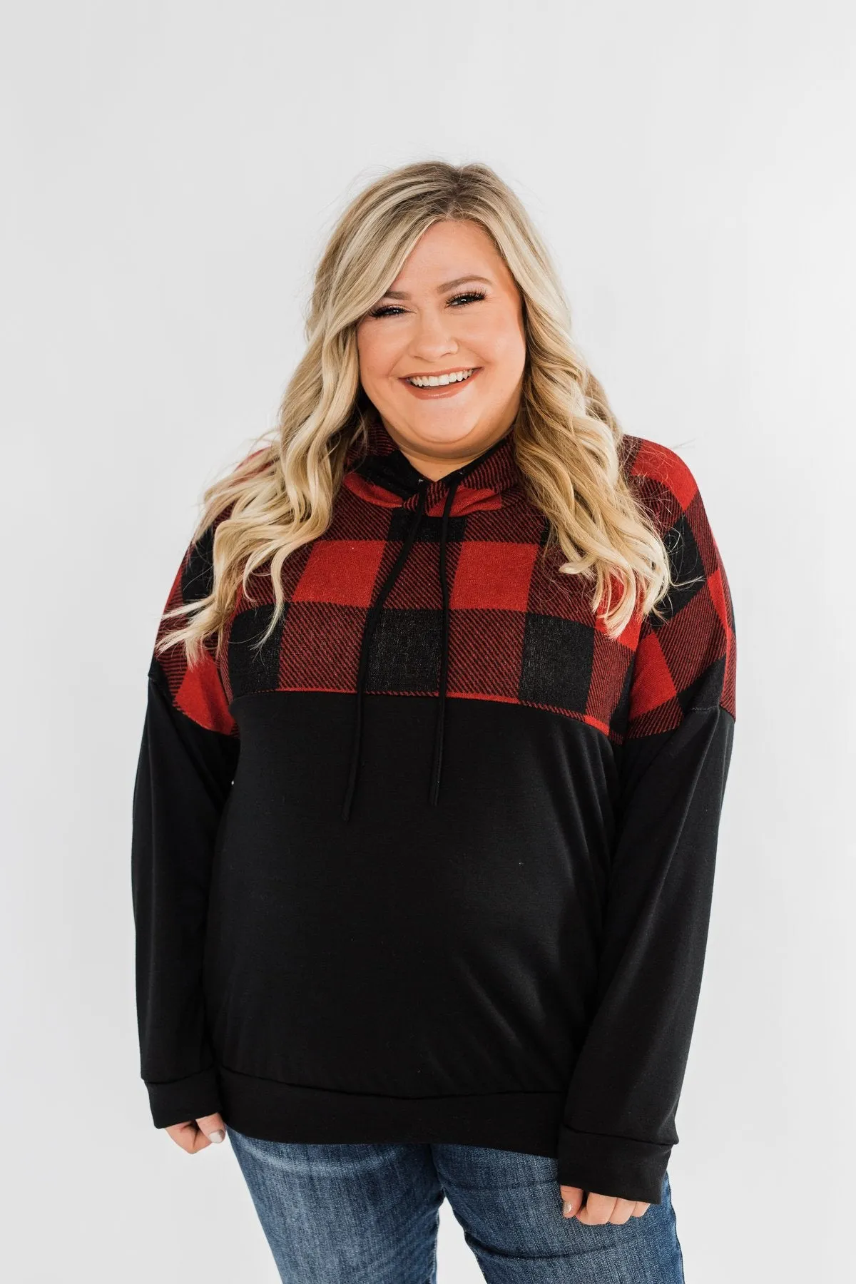 Keep On Loving Color Block Hoodie- Black & Buffalo Plaid