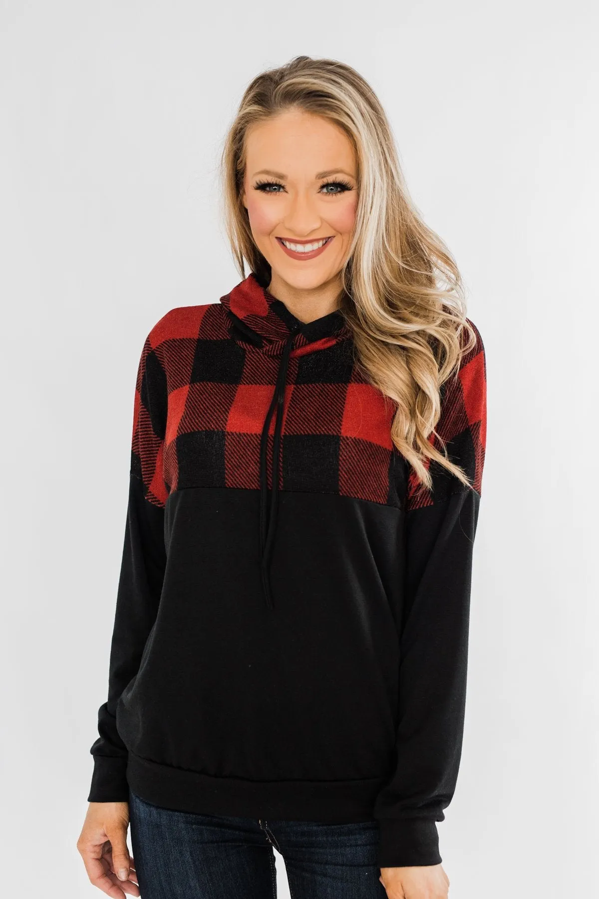 Keep On Loving Color Block Hoodie- Black & Buffalo Plaid