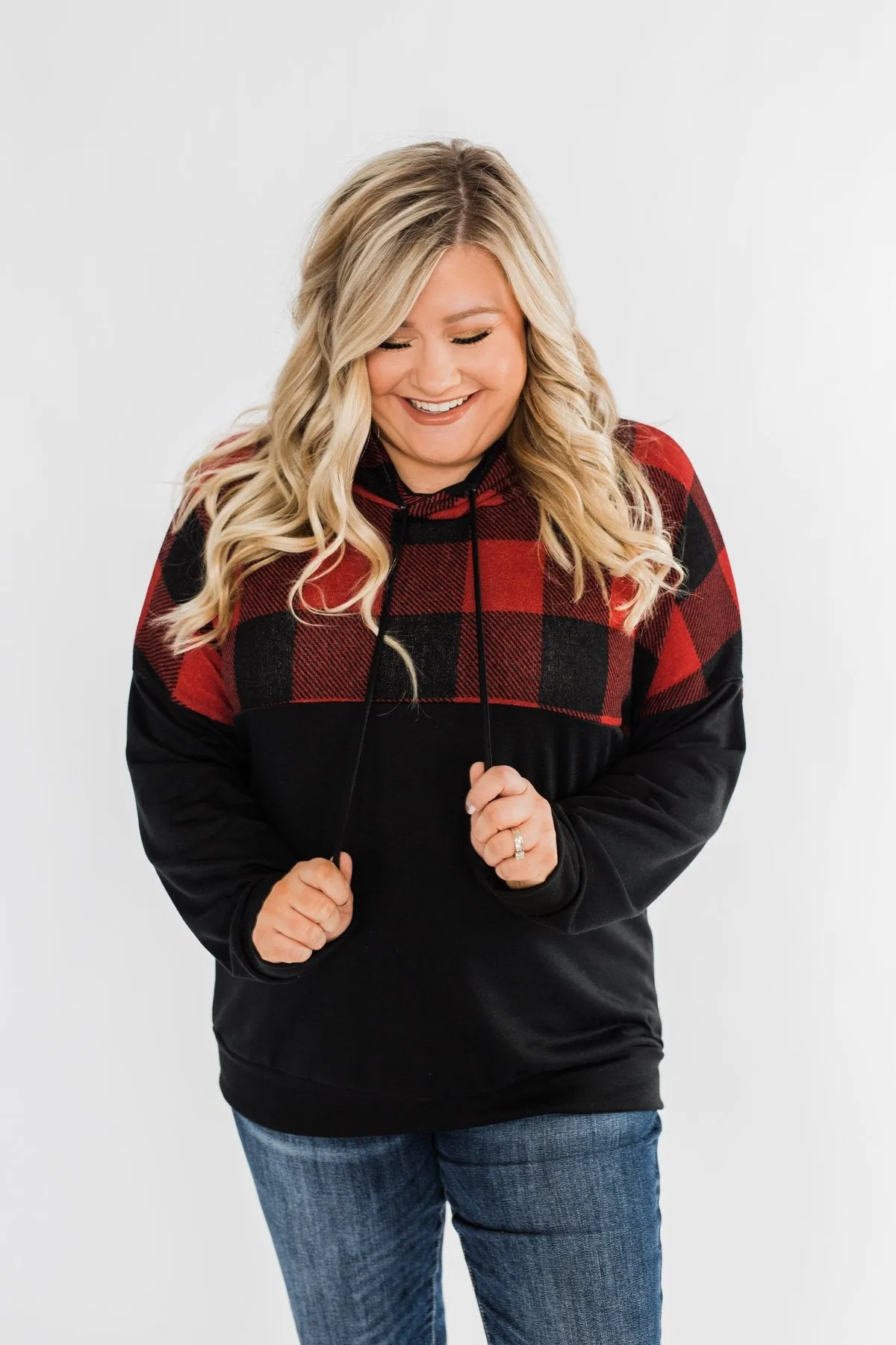 Keep On Loving Color Block Hoodie- Black & Buffalo Plaid