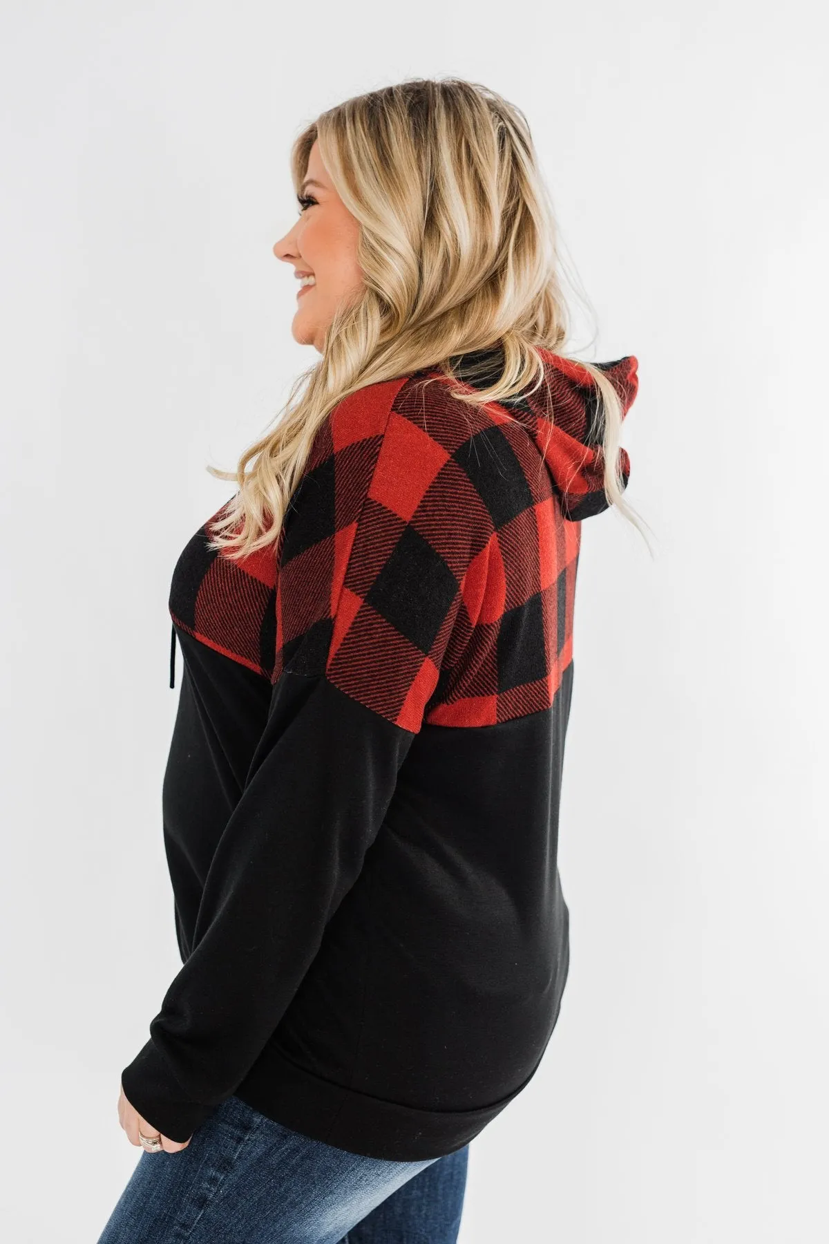 Keep On Loving Color Block Hoodie- Black & Buffalo Plaid