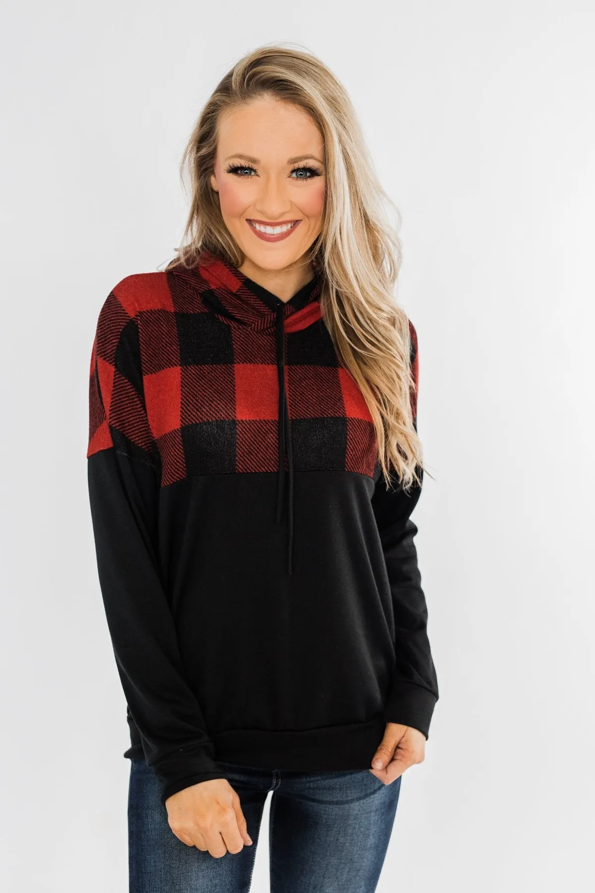 Keep On Loving Color Block Hoodie- Black & Buffalo Plaid