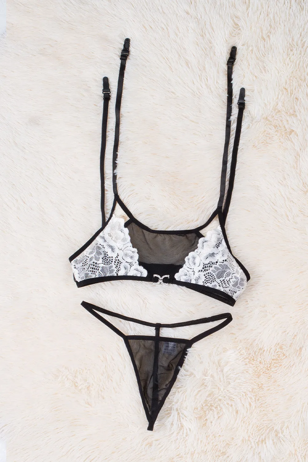 Lace Mesh Color Block Garter Belt Stocking With Thong