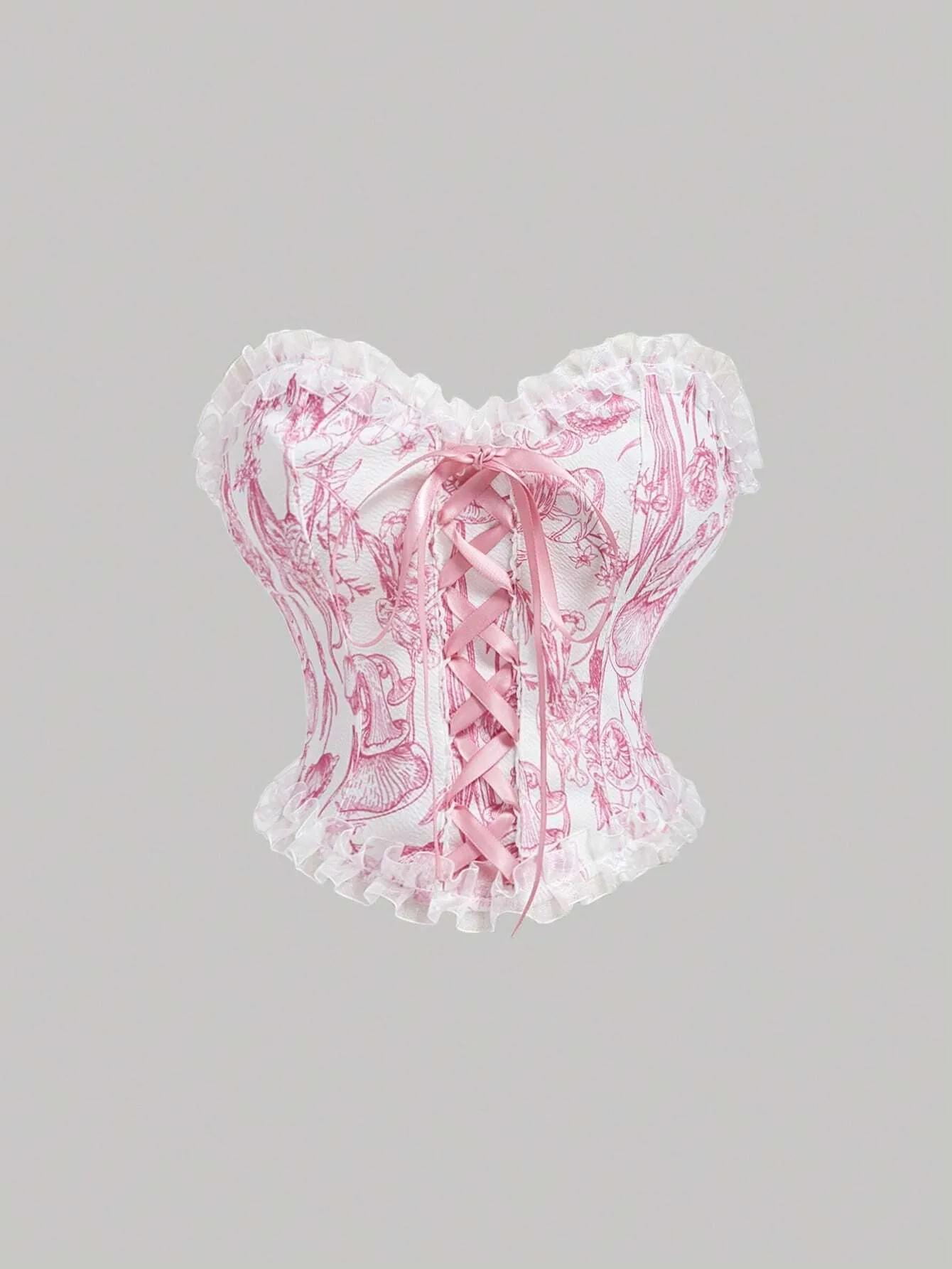 Ladies’ Lace-Up Decor Flower Pattern Bustier With Floral Patchwork,Milkmaid Tops