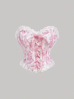 Ladies’ Lace-Up Decor Flower Pattern Bustier With Floral Patchwork,Milkmaid Tops
