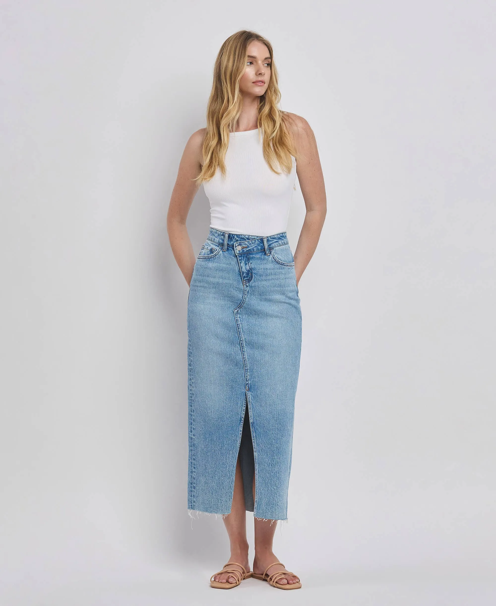 Leave it All Behind Criss Cross Front Slit Maxi Denim Skirt